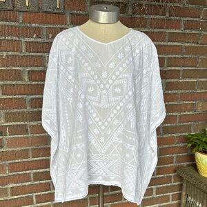 J. Jill white on white embroidered cotton boho V neck kaftan top. Sz Small